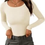 Womens Ribbed Long Sleeve Shirt Scoop Neck