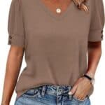 isermeo Womens Tops Short Sleeve Buttons Shirts