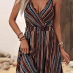 Women Striped Spaghetti Strap Wrap Mini Dress
