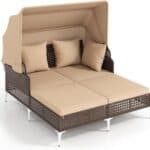 Tangkula Outdoor Rattan Daybed with Retractable Canopy