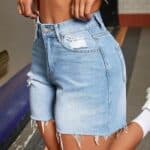 Womens Bermuda Jean Shorts Elastic Waisted Long
