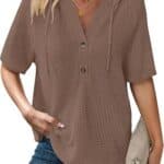 WNEEDU Womens Waffle Knit Tops Summer Short